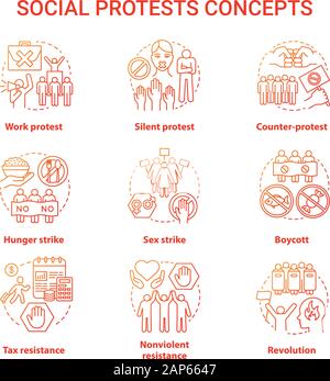 Social protests concept icons set. Public opposition, civil disobedience idea thin line illustrations. Political resistance and strikes vector isolate Stock Vector