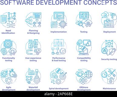 Software development concept icons set. Designing, programming, testing, fixing and maintaining programs. App creation idea thin line illustrations. V Stock Vector