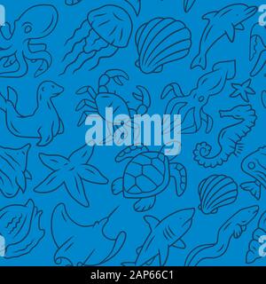 Sea animals vector seamless pattern. Marine habitants background. Blue texture, linear icons. Aqua fauna. Fish, octopus and turtle. Ocean creatures wr Stock Vector