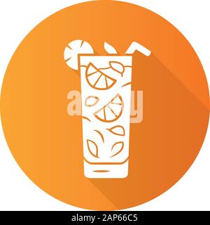 Moxito orange flat design long shadow glyph icon. Mojito cocktail in highball glass slice of citrus and straw. Mixed Refreshing alcohol drink with min Stock Vector