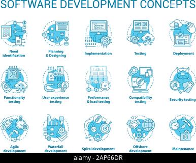 Software development concept icons set. Designing, programming, testing, fixing and maintaining programs. App creation idea thin line illustrations. V Stock Vector