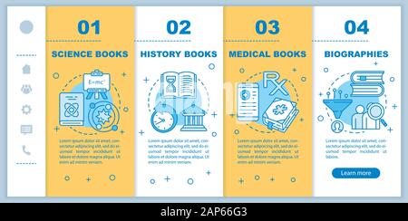 Books catalogue onboarding mobile web pages vector template. Book genres. Responsive smartphone website interface idea with linear illustrations. Webp Stock Vector