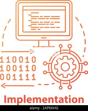 Implementation concept icon. Software coding. Computer programming and deployment idea thin line illustration. Information technology. Vector isolated Stock Vector