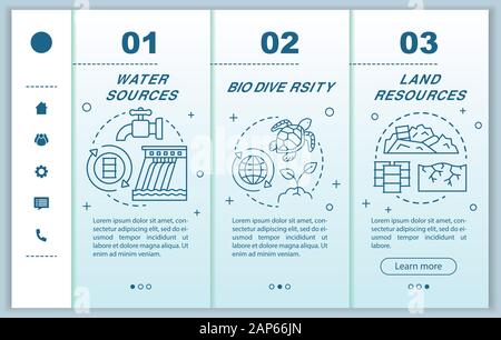 Earth resources onboarding mobile web pages vector template.Water, land sources. Responsive smartphone website interface idea with linear illustration Stock Vector