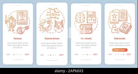Books catalogue onboarding mobile app page screen with linear concepts. Fantasy, sci fi, kids books walkthrough steps graphic instructions in red. UX, Stock Vector