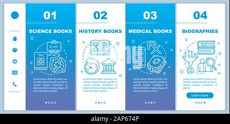 Books catalogue onboarding mobile web pages vector template. Responsive smartphone website interface idea with linear illustrations. Different genres. Stock Vector