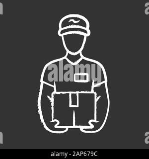 Deliveryman with parcel chalk icon. Courier holding cardboard box. Postman, messenger with package. Delivery, postal service. Express shipping. Isolat Stock Vector