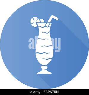 Cocktail in hurricane glass blue flat design long shadow glyph icon. Tumbler with tall beverage, slice of lemon and straw. Mixed alcohol drink with ru Stock Vector