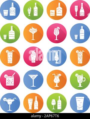 Drinks flat design long shadow glyph icons set. Alcohol menu card. Beverages for cocktails. Whiskey, rum, wine, martini, margarita, absinthe. Spirit c Stock Vector