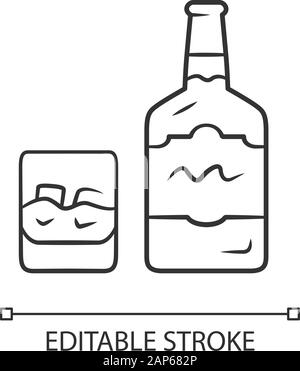 Whiskey linear icon. Bottle and old fashioned glass with drink. Scotch, rum shot. Alcoholic beverage. Brandy. Thin line illustration. Contour symbol. Stock Vector