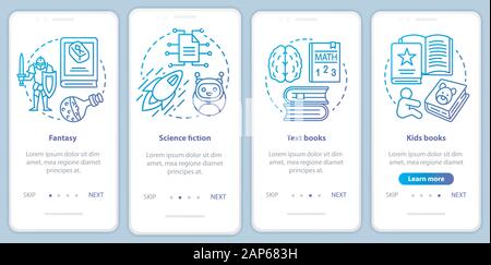 Books catalogue onboarding mobile app page screen with linear concepts. Fantasy, sci fi, kids books walkthrough steps graphic instructions in blue. UX Stock Vector