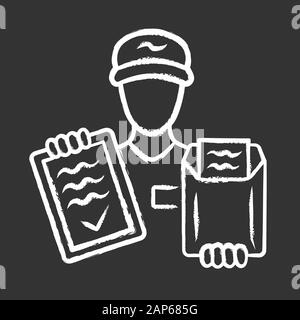 Document delivery chalk icon. Express courier service. Postman, deliveryman holding clipboard with invoice. Parcel, small package delivering. Fast shi Stock Vector