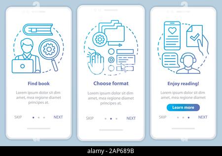 Online library onboarding mobile app page screen with linear concepts. E-library service options 3 walkthrough steps graphic instructions in blue. UX, Stock Vector