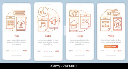 Digital library content onboarding mobile app page screen with linear concepts. Video media types 4 walkthrough steps graphic instructions in red. UX, Stock Vector