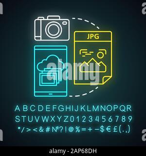 Image neon light concept icon. Visual information idea. Pictures and photos. Files storage. Albums, photobooks. Glowing sign with alphabet, numbers an Stock Vector