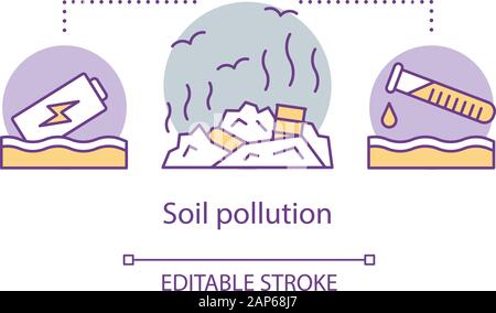 Soil pollution concept icon. Land degradation. Uncontrolled landfill and garbage dumps. Waste contamination. Eco problem idea thin line illustration. Stock Vector