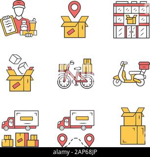 Delivery yellow color icons set. Parcel tracking, post office, cardboard box, order packing. Heavy goods shipping truck. Scooter, bicycle delivery. Is Stock Vector