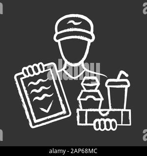 Food delivery chalk icon. Express courier service. Deliveryman holding takeaway fast food and invoice. Restaurant, cafe free order delivering. Isolate Stock Vector