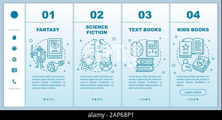 Books catalogue onboarding mobile web pages vector template. Responsive smartphone website interface idea with linear illustrations. Literature styles Stock Vector