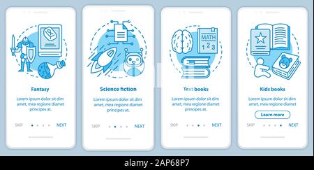 Books catalogue onboarding mobile app page screen with linear concepts. Fantasy, science fiction, kids books walkthrough steps graphic instructions. U