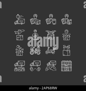 Delivery chalk icons set. Express goods shipping. Logistics and distribution industry. Cargo, freight shipment. Courier postal service. Isolated vecto Stock Vector