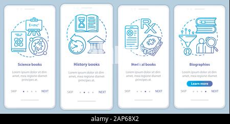 Books catalogue onboarding mobile app page screen with linear concepts. Different book genres walkthrough steps graphic instructions in blue. UX, UI, Stock Vector