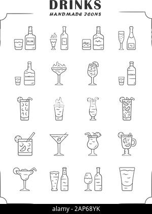 Drinks linear icons set. Alcohol menu card. Beverages for cocktails. Refreshing and warming spirit containing liquors. Thin line contour symbols. Isol Stock Vector