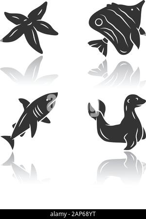 Sea animals drop shadow black glyph icons set. Starfish, butterflyfish, seal. Ocean wildlife. Aquatic tropical fish species. Undersea world. Oceanogra Stock Vector