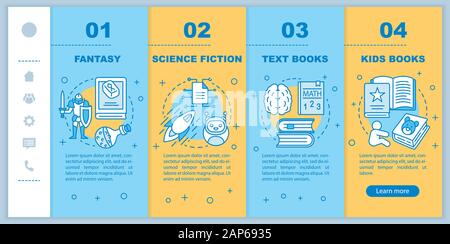Books catalogue onboarding mobile web pages vector template. Responsive smartphone website interface idea with linear illustrations. Webpage walkthrou Stock Vector