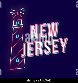New Jersey vintage 3d vector lettering. Retro bold font, typeface with neon light lighthouse. Pop art stylized text. 90s, 80s poster, banner, t shirt Stock Vector