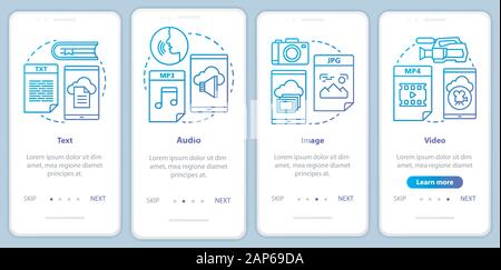 Digital library content onboarding mobile app page screen with linear concepts. Audio media types 4 walkthrough steps graphic instructions in blue. UX Stock Vector