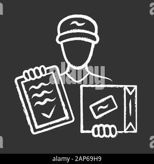 Package delivery chalk icon. Courier service. Parcel delivering. Deliveryman with box and invoice. Postman holding cardboard package. Postal service, Stock Vector