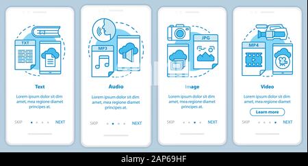 Digital library content onboarding mobile app page screen with linear concepts. Audio, image, video media types 4 walkthrough steps graphic instructio Stock Vector