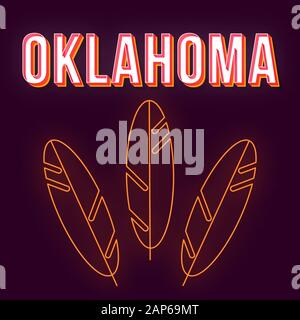 Oklahoma vintage 3d vector lettering. Retro bold font, typeface with neon light feathers. Pop art stylized text. 90s, 80s poster, banner, t shirt typo Stock Vector