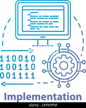 Implementation concept icon. Software coding. Computer programming and deployment idea thin line illustration. Information technology. Vector isolated Stock Vector