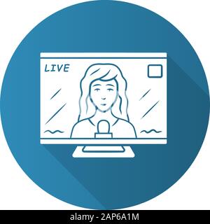 Reporter woman on TV blue flat design long shadow glyph icon. Female journalist reporting breaking news live. Newscast. Newswoman on TV screen. Vector Stock Vector