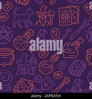 Halloween items vector seamless pattern. Mystery background. Purple texture, linear icons. Sorcery and witchcraft. Magic potion. Witches night. Masque Stock Vector