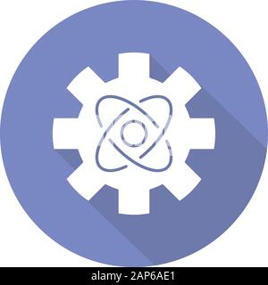 Engineering physics blue violet flat design long shadow glyph icon. Cogwheel and atom structure model. Mechanical engineering. Nano technologies. Nucl Stock Vector