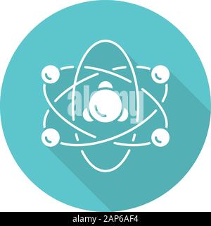 Nuclear physics turquoise flat design long shadow glyph icon. Atomic structure model. Electrons, neutrons and protons. Subatomic molecular particles. Stock Vector