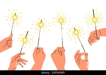 Set of caucasian hands holding bengal lights. Blue background. Flat vector. Stock Vector