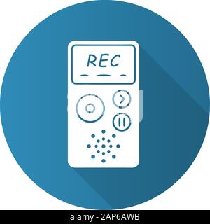 Dictaphone blue flat design long shadow glyph icon. Portable audio recorder. Device for recording interviews. Audio record of voice, music. Journalist Stock Vector
