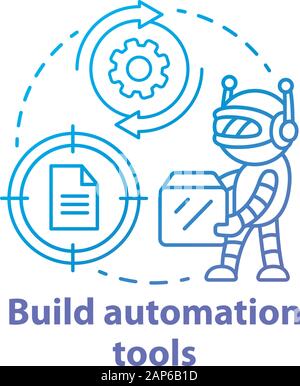 Build automation tools concept icon. Robot helper setup. Information technology. System maintenance. Robotic process idea thin line illustration. Vect Stock Vector