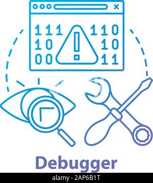 Debugger concept icon. Debugging tool. Testing and setting software. Computer program development. Code error checking idea thin line illustration. Ve Stock Vector
