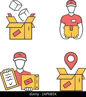 Delivery yellow color icons set. Parcel packing, deliveryman, order shipping and tracking. Shipment service. Logistics and distribution. Isolated vect Stock Vector