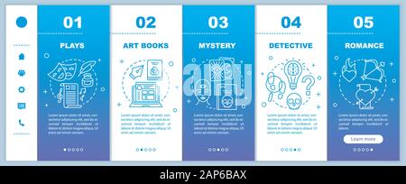 Books catalogue onboarding mobile web pages vector template. Responsive smartphone website interface idea with linear illustrations. Webpage walkthrou Stock Vector