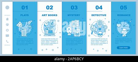 Books catalogue onboarding mobile web pages vector template. Different genres. Responsive smartphone website interface idea with linear illustrations. Stock Vector