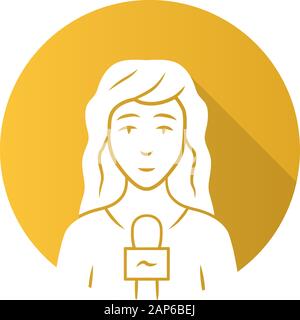Reporter woman flat design long shadow glyph icon. TV presenter with microphone. TV hostess. Female journalist taking interview. Newswoman reporting b Stock Vector