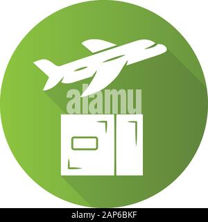 Delivery by plane green flat design long shadow glyph icon. Air freight. Transfer and shipment of parcels, packages. Express air delivery, airmail. Ca Stock Vector