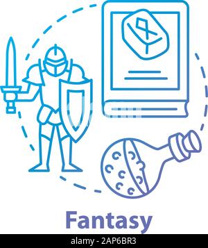 Fantasy literature blue concept icon. Fantastic fiction idea thin line illustration. Imaginary worlds novels. Magic ancient times stories. Mystic tale Stock Vector