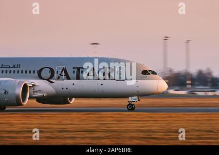 Prague, Czech Republic - January 21, 2020: Qatar Airways Boeing 787 Dreamliner taking off from Vaclav Havel Airport Prague in Czech Republic on Januar Stock Photo